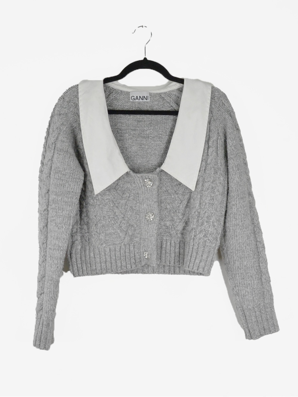 Ganni Chunky Cable-Knit Wool Blend Cropped Sweater Cardigan